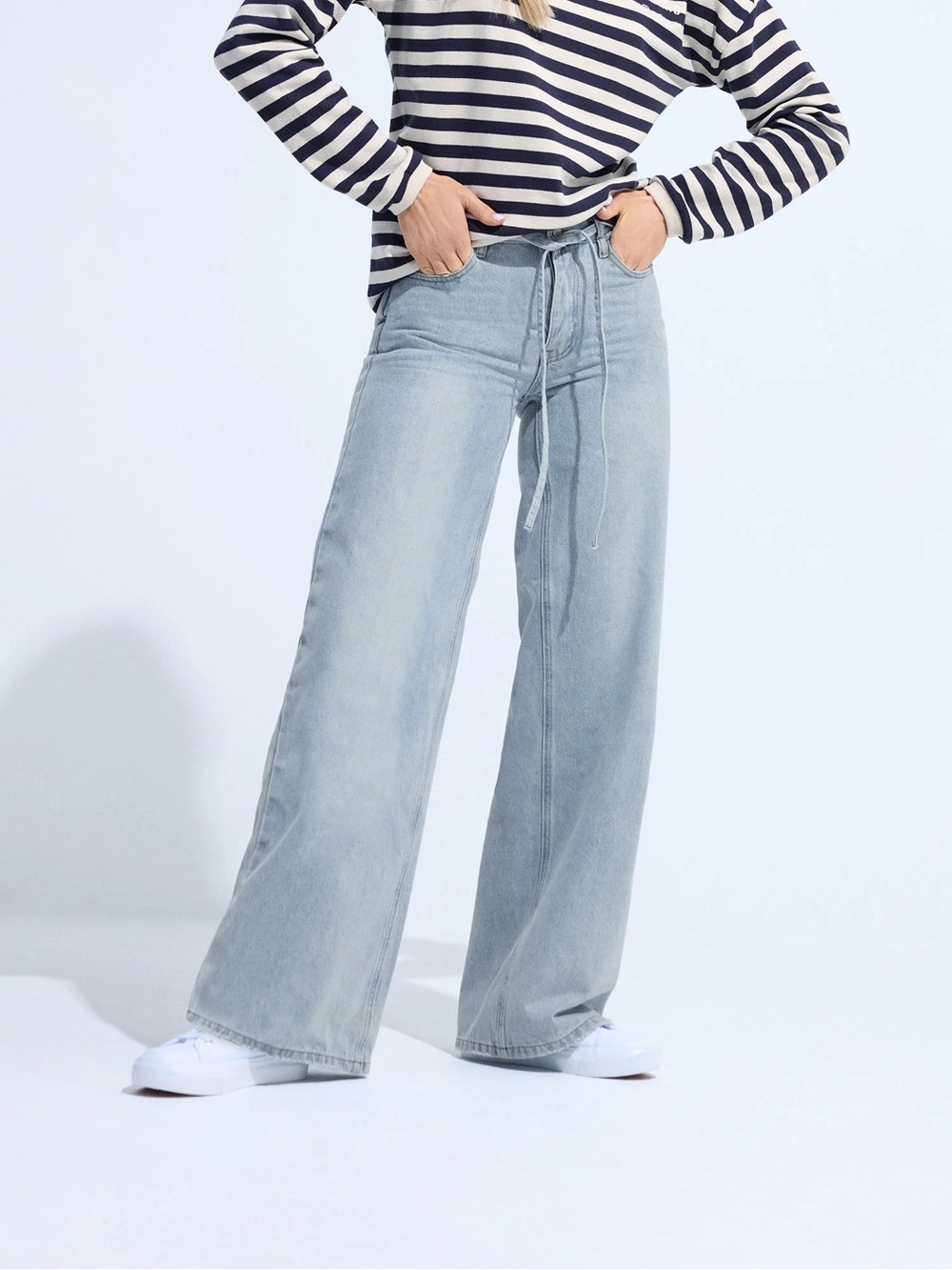 LTS Tall Light Blue Wash Tie Waist Cotton Wide Leg Jeans